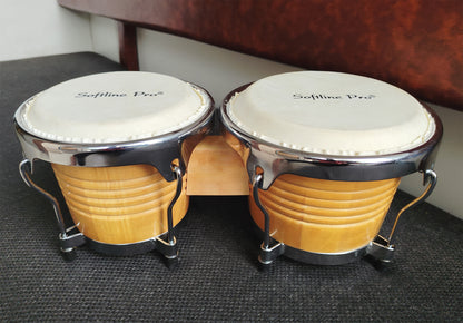 Softline Pro SP BNG NT-L-SP bongo drum set with natural sheepskin heads, tuning wrench, and padded carry bag.