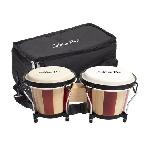 Softline Pro SP-BNG-RNT Bongo Drum Set with Tuning Wrench & Padded Professional Wooden Percussion Instrument for Beginner Adults Kids - Natural Skin (Red Stripe - Normal)