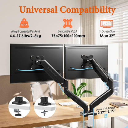 Softline Pro SP HMS2 Dual Monitor Mount Fits 13 to 32 Inch Computer Screen, Dual Monitor Arm Hold up to 9 Kg Each, Full Motion Monitor Desk Mounts for 2 Monitors, Gas Spring Monitor Stand, VESA Mount