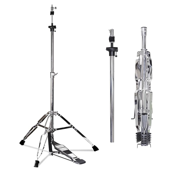 A double-braced hi-hat stand with a longboard swiveling footplate and an adjustable precision screw dial, primarily made of metal with a shiny finish.