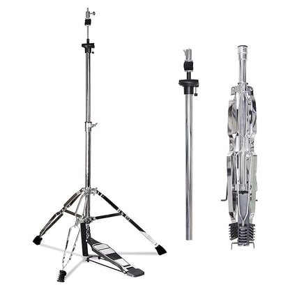 A double-braced hi-hat stand with a longboard swiveling footplate and an adjustable precision screw dial, primarily made of metal with a shiny finish.