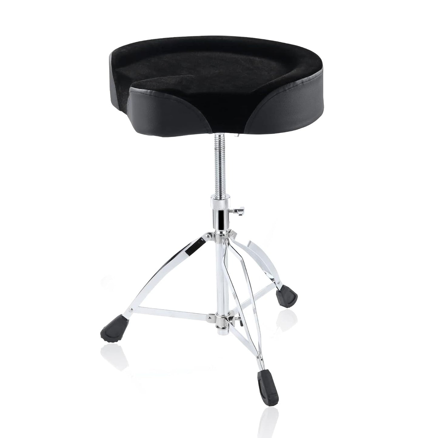 An adjustable padded saddle drum stool with a black seat and chrome metal legs, equipped with rubber feet.