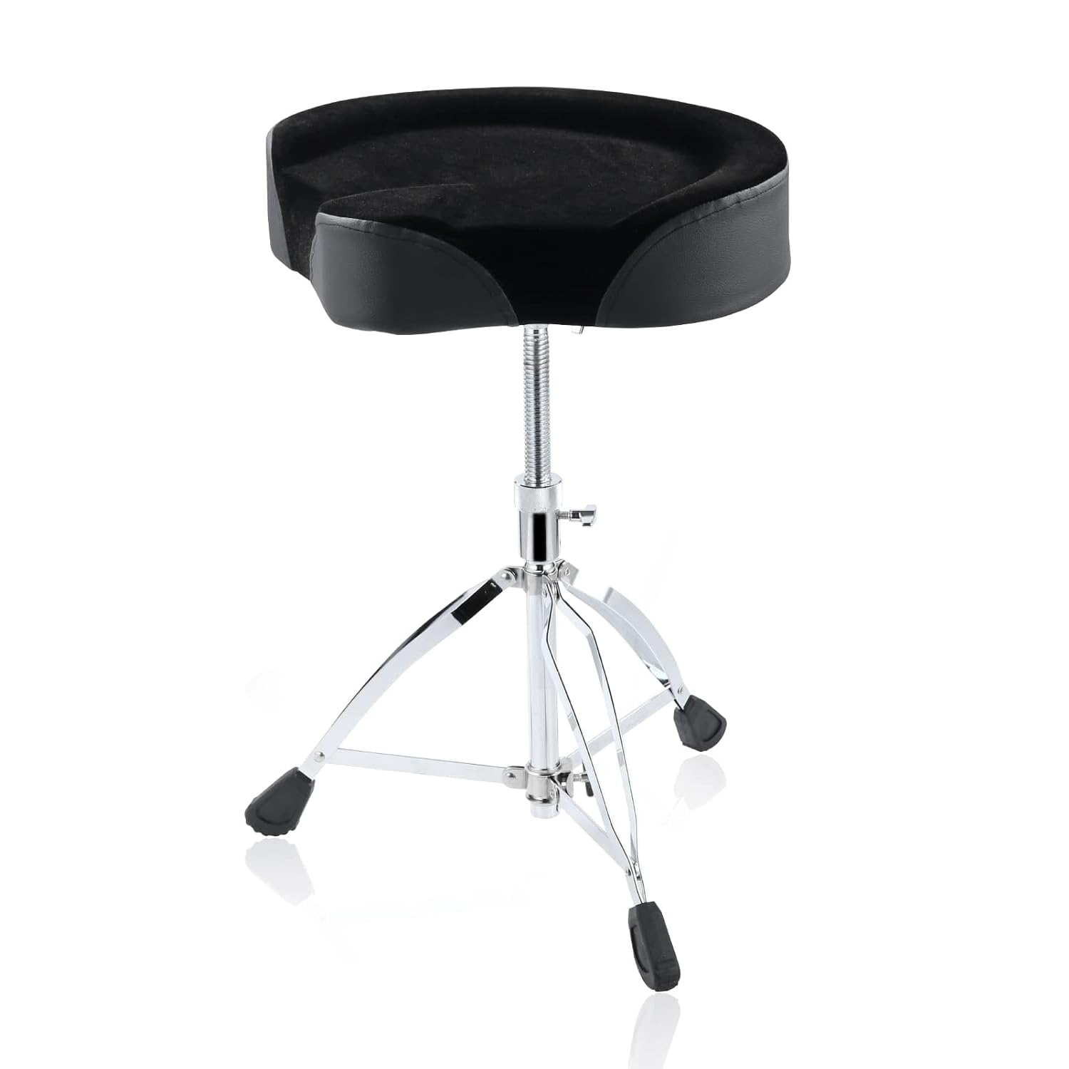 An adjustable padded saddle drum stool with a black seat and chrome metal legs, equipped with rubber feet.