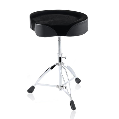 An adjustable padded saddle drum stool with a black seat and chrome metal legs, equipped with rubber feet.