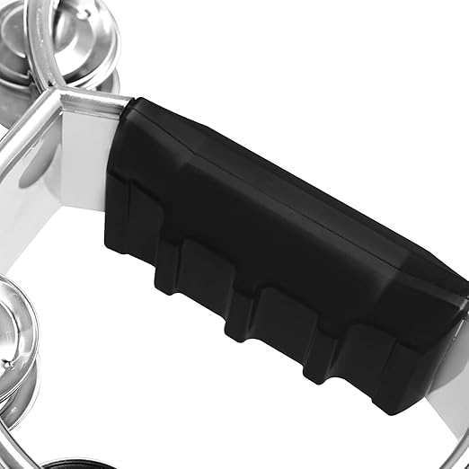 Close-up of ergonomic ABS handle and stainless steel jingles of the tambourine