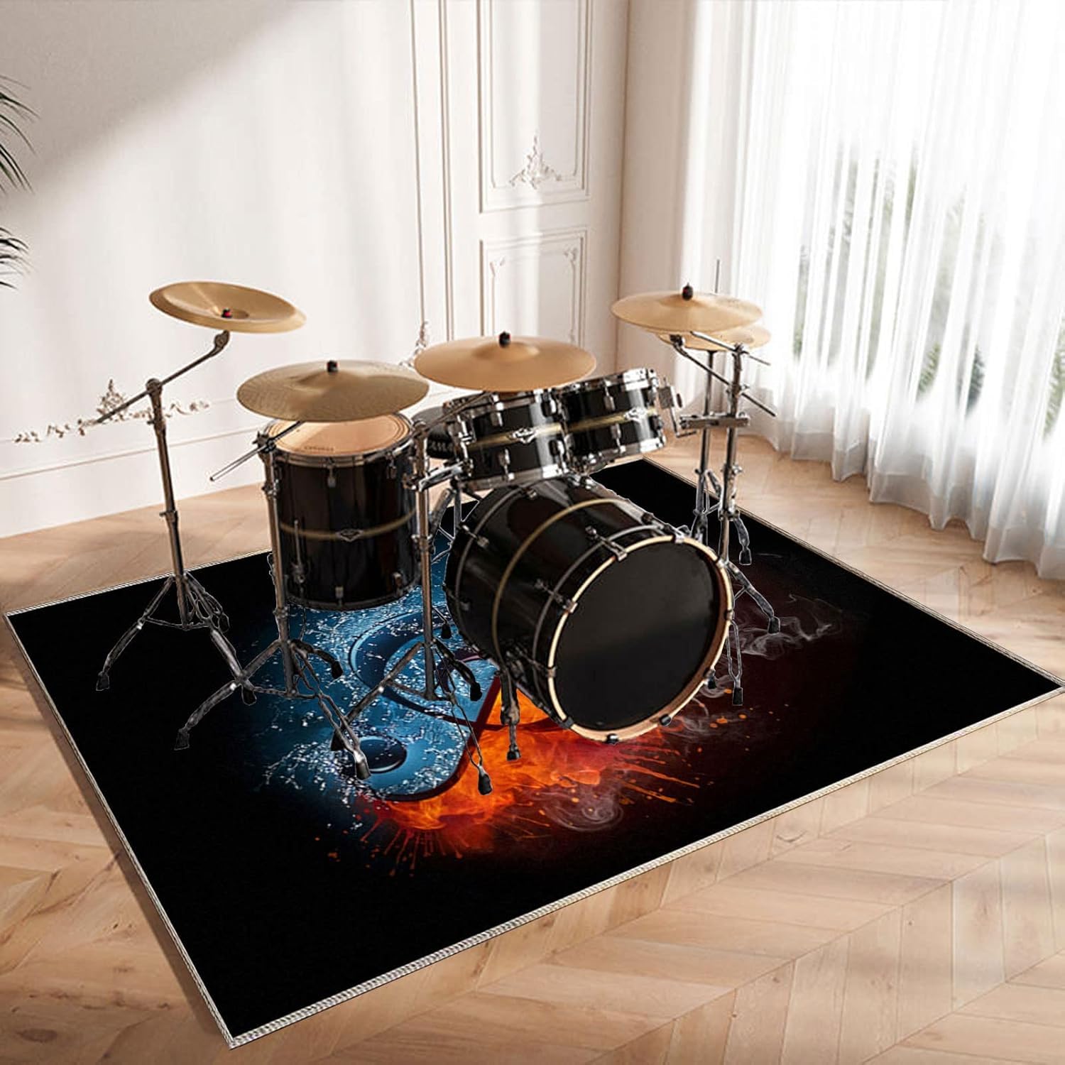 Drum set on a rug with a colorful design in a room with white walls and large windows.