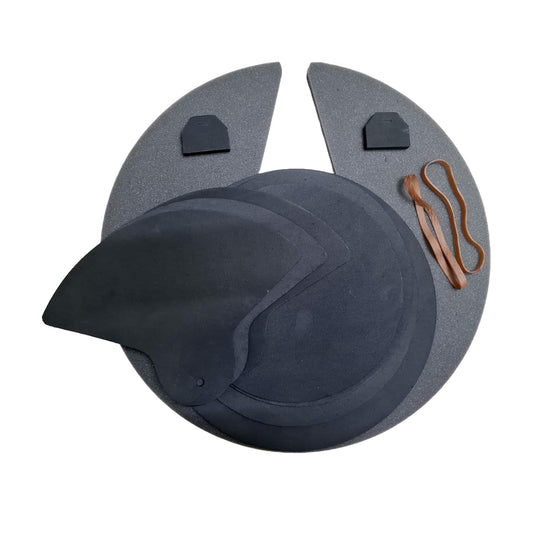 Black helmet with gray visor and brown straps on a white background