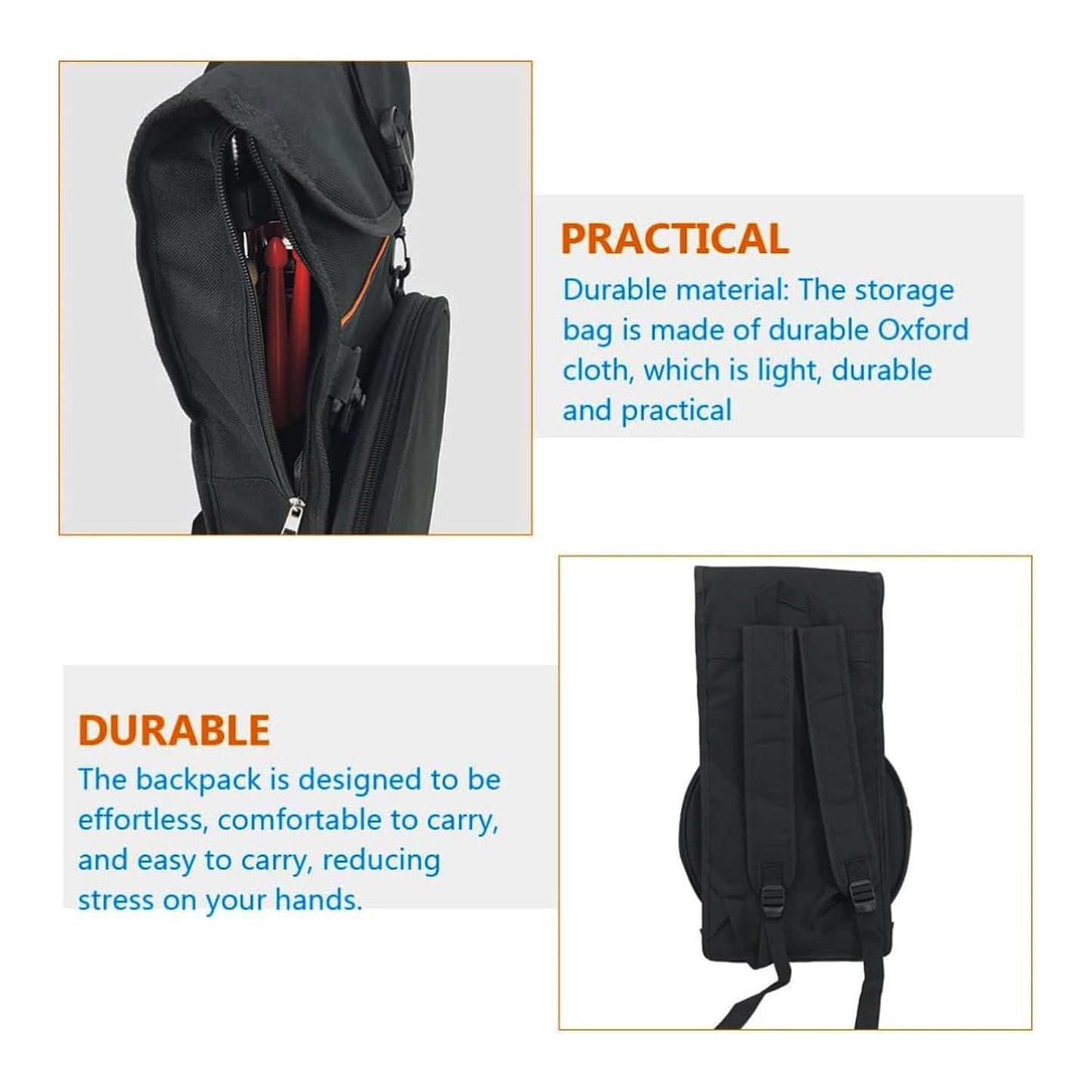 Black backpack with text highlighting durability and practicality on a white background