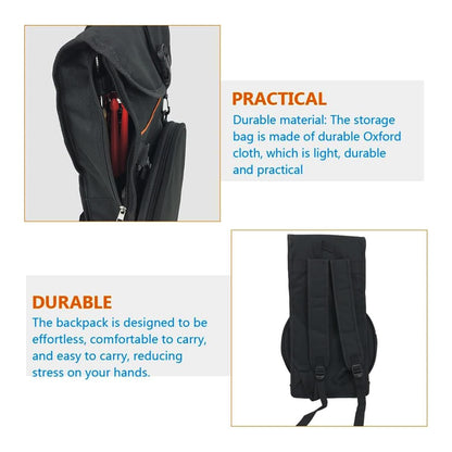 Black backpack with text highlighting durability and practicality on a white background