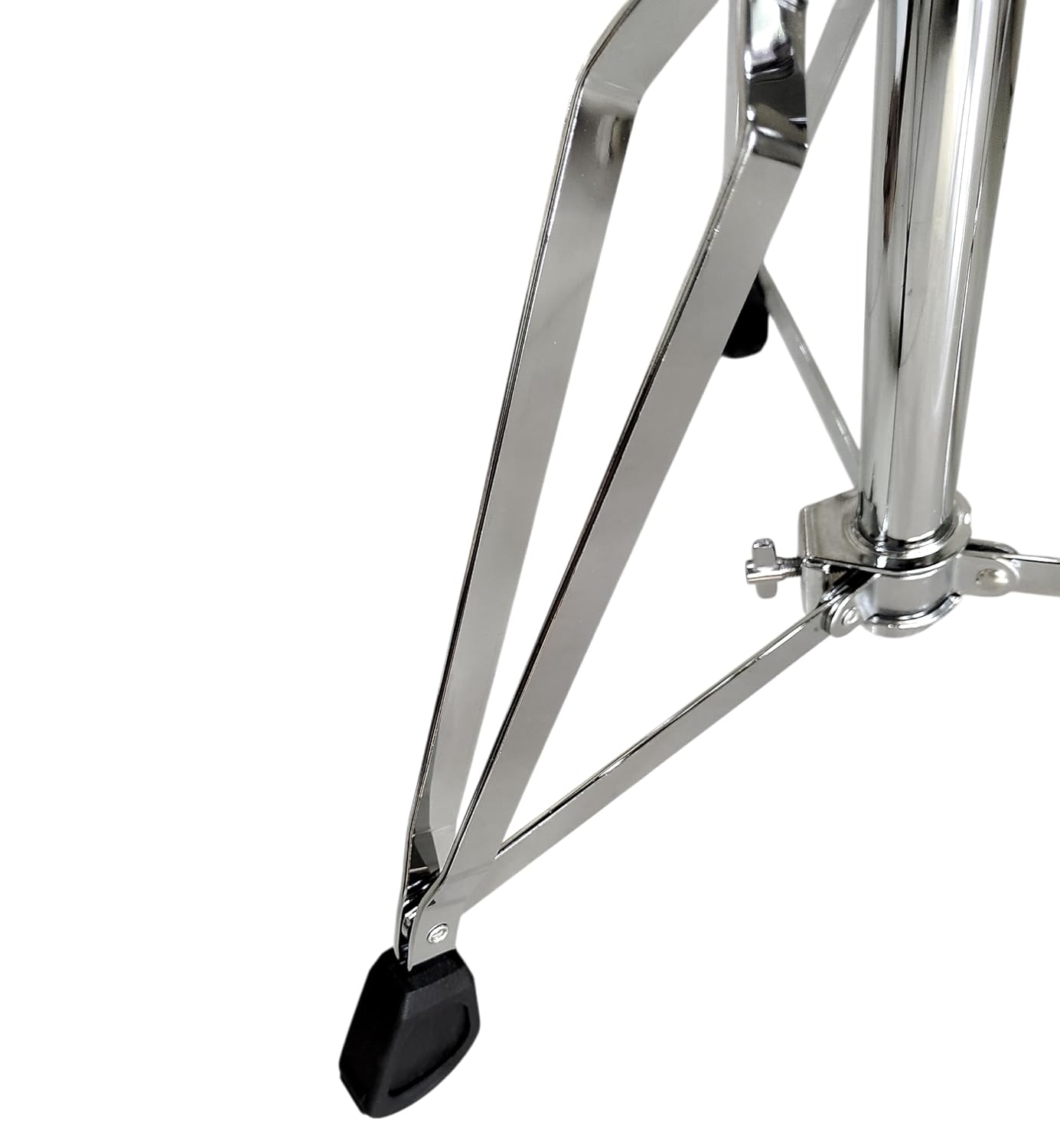 Close-up of a chrome drum stand on a white background