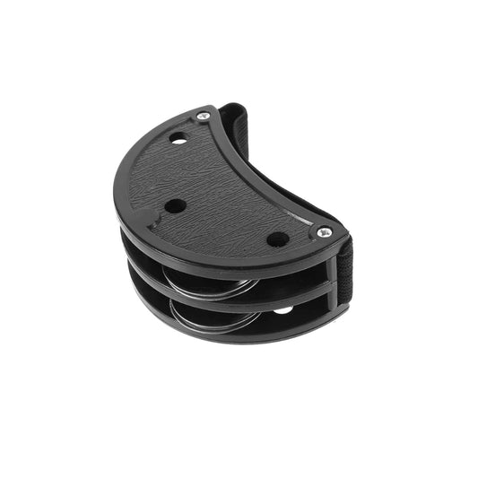 Black ABS foot tambourine with two sets of metal jingle bells, designed to be worn on feet.
