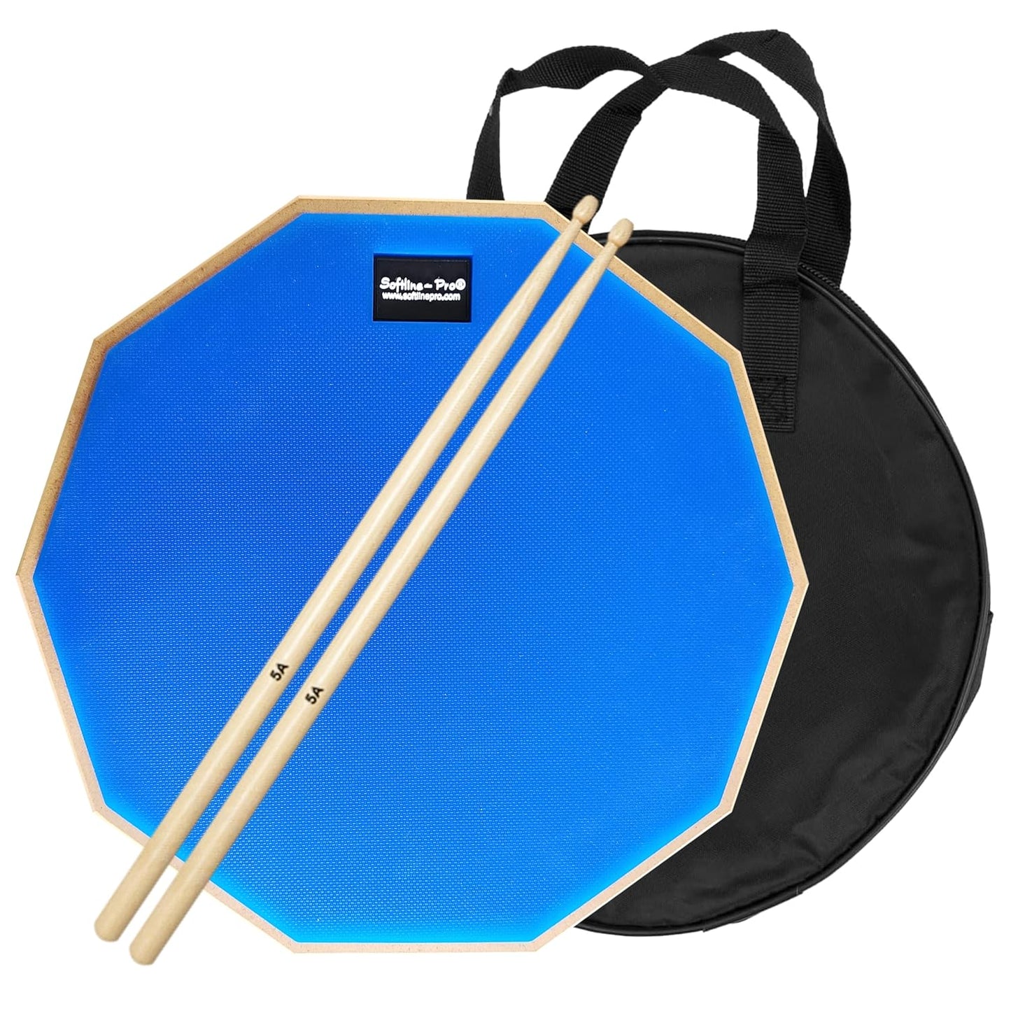 Blue practice drum pad with wooden sticks and black carrying bag on a white background