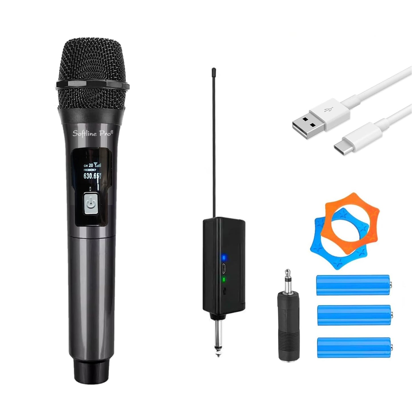 Wireless microphone set with receiver, antenna, USB cable, and batteries on a white background