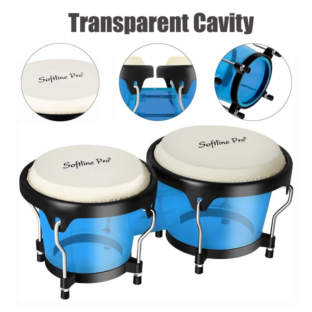Softline Pro bongo drums set with transparent red cavity, natural skin heads, tuning wrench, and padded carry bag.