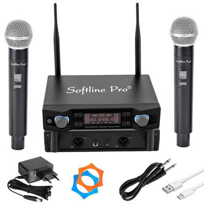 Softline Pro wireless microphone system with two microphones, receiver, and accessories on a white background.