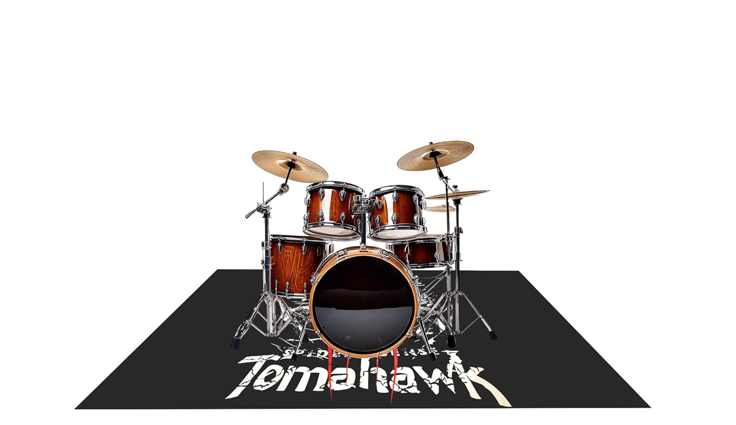 Drum set on a black mat with 'Tomahawk' branding on a white background