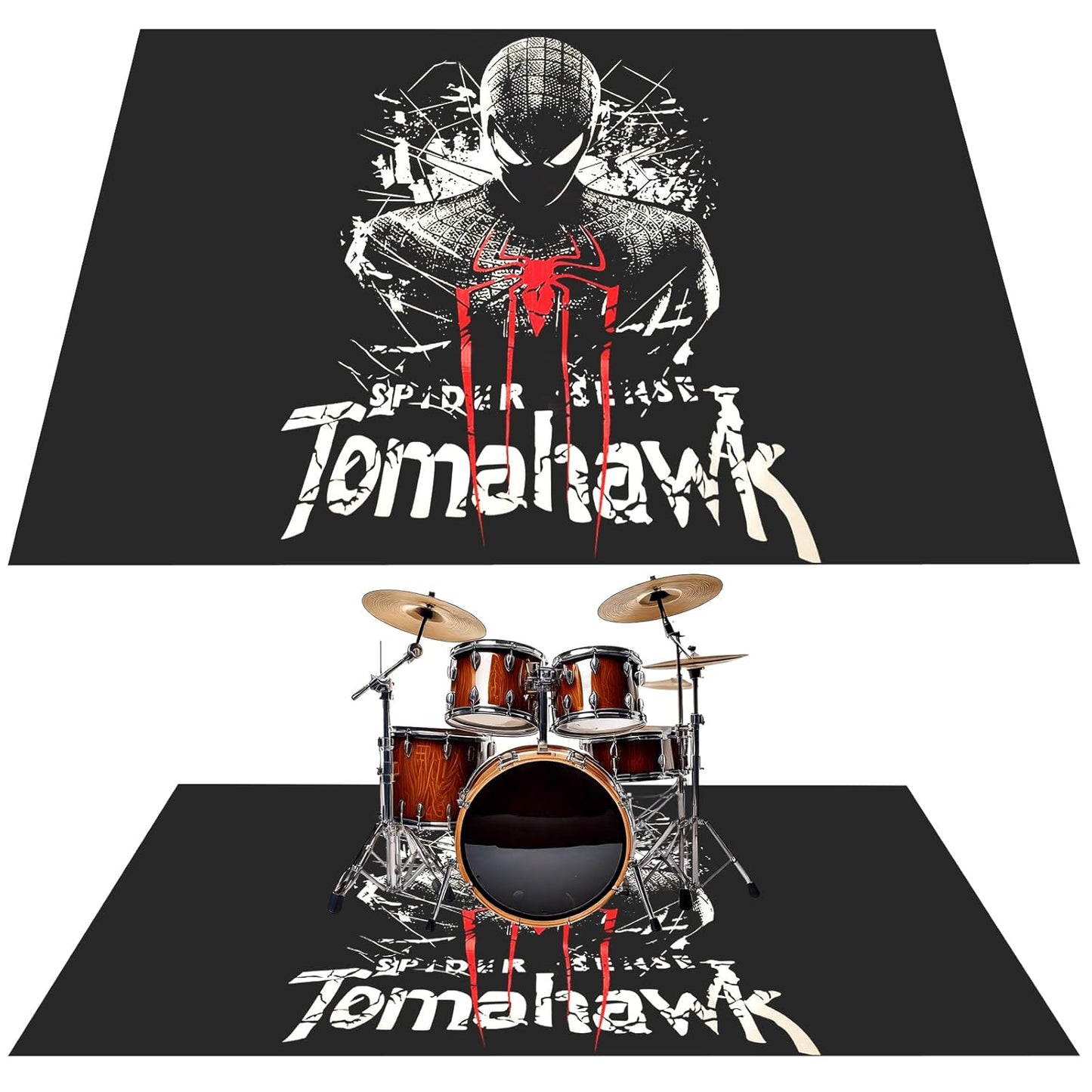Two Spider-Man themed rugs with drum set design on a white background