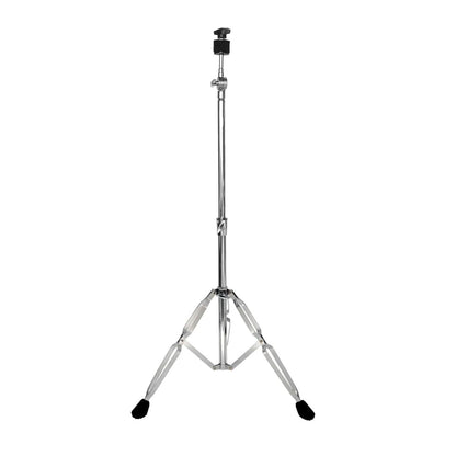 A chrome-finished metal cymbal stand with double-braced tripod legs and adjustable height.