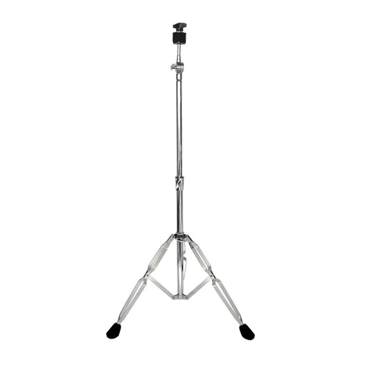 A chrome-finished metal cymbal stand with double-braced tripod legs and adjustable height.
