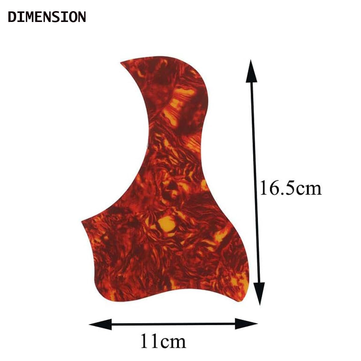Guitar pickguard with dimensions labeled on a white background