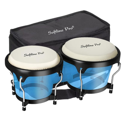 set of Softline Pro bongos in transparent blue color, with natural animal skin heads, metal frames, and a black padded carrying bag.