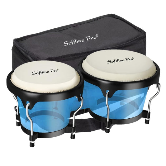 set of Softline Pro bongos in transparent blue color, with natural animal skin heads, metal frames, and a black padded carrying bag.