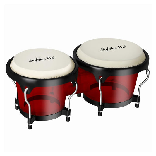 set of two red bongo drums with white drum heads, branded Softline Pro, placed on a black stand, with a transparent cavity visible.