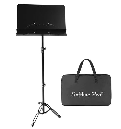 Black music stand with carrying case labeled 'Softline Pro' on a white background