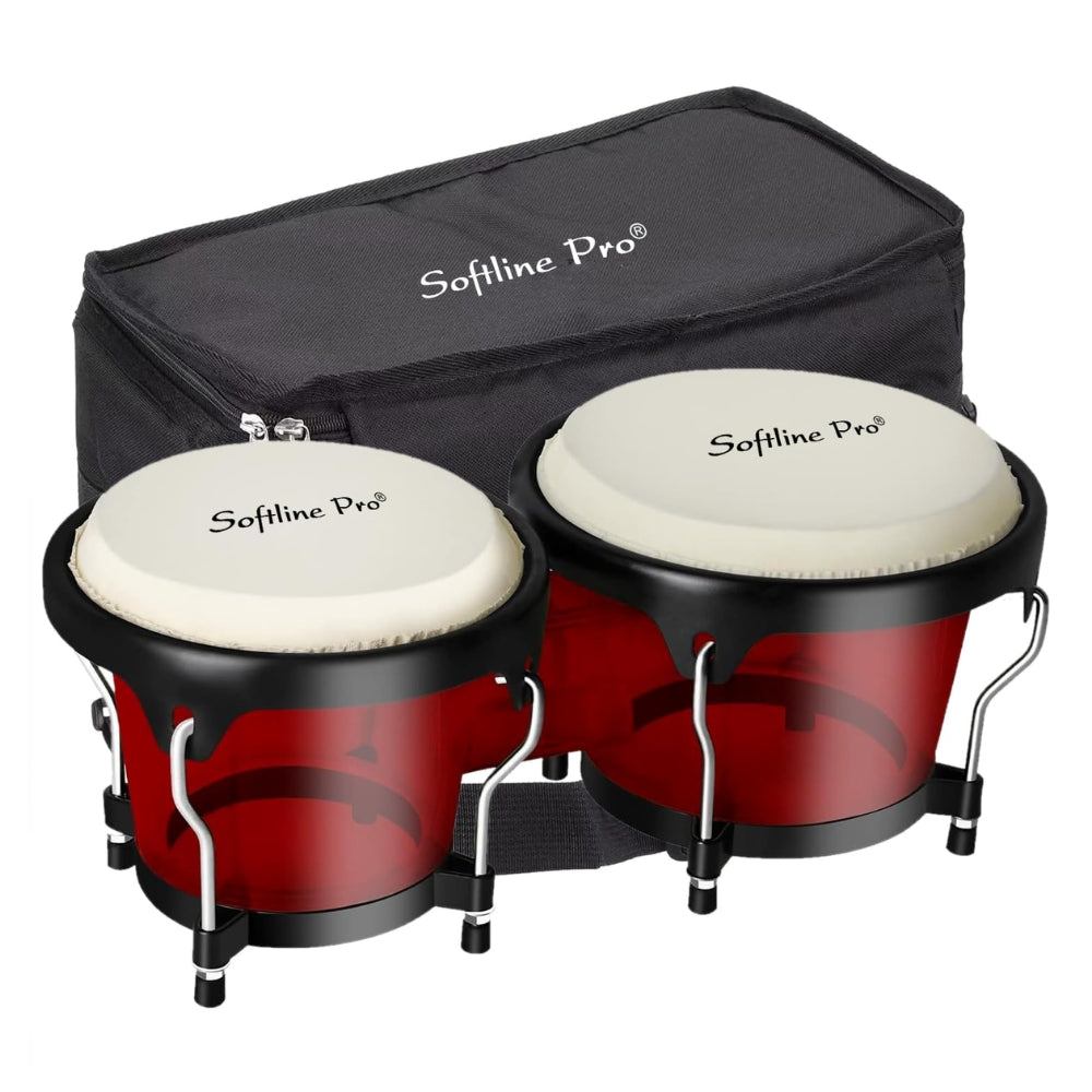 Angle showcasing both bongo drums with transparent body and metal rims.