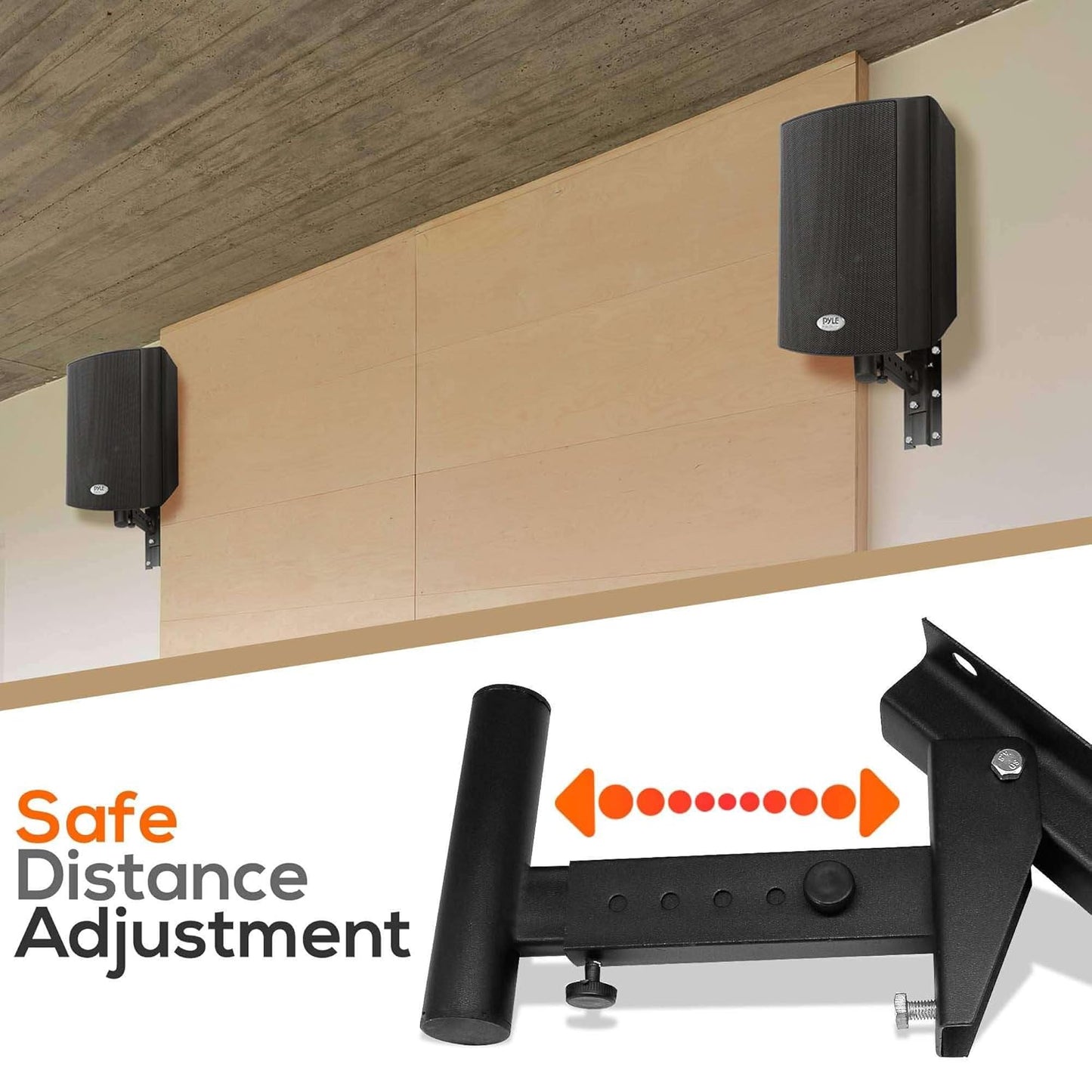 Wall-mounted speakers with safe distance adjustment mechanism on a white background