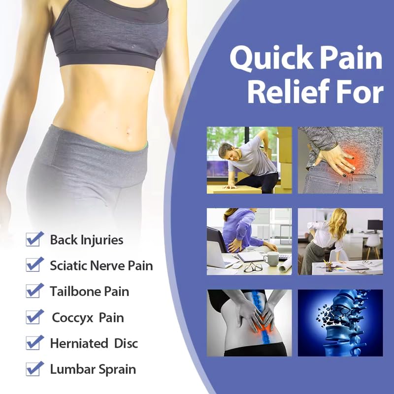 Product advertisement for quick pain relief with images of people experiencing various pain conditions