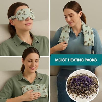 Woman using a patterned eye mask and heating pack, with a close-up of moist heating packs containing lavende