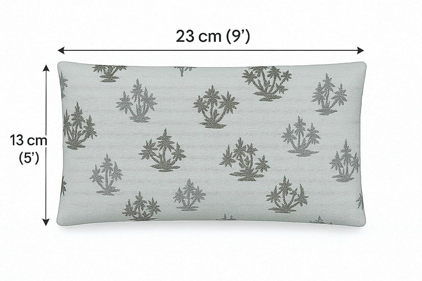 Gray pillow with tree pattern and measurements on a white background