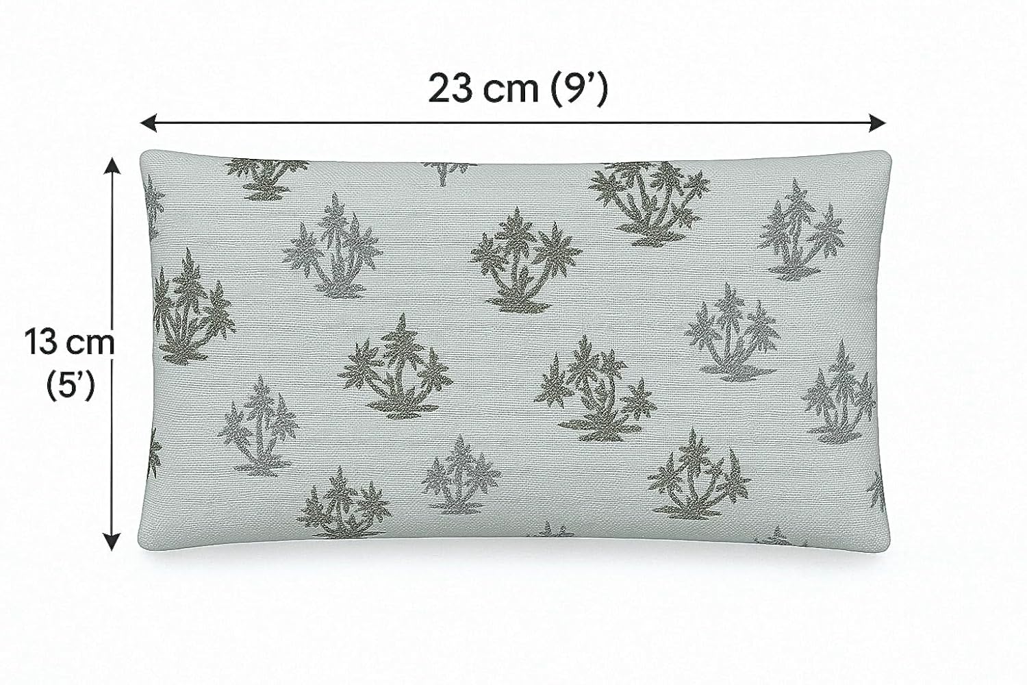 Gray pillow with tree pattern and measurements on a white background