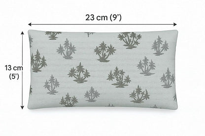 Gray pillow with tree pattern and measurements on a white background