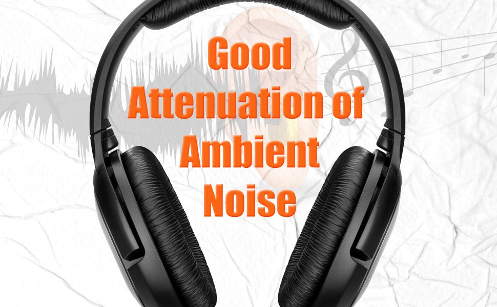 Black headphones with text 'Good Attenuation of Ambient Noise' on a white background with sound wave graphics.