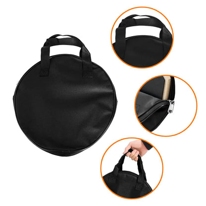 Black round bag with handles and zippers on a white background