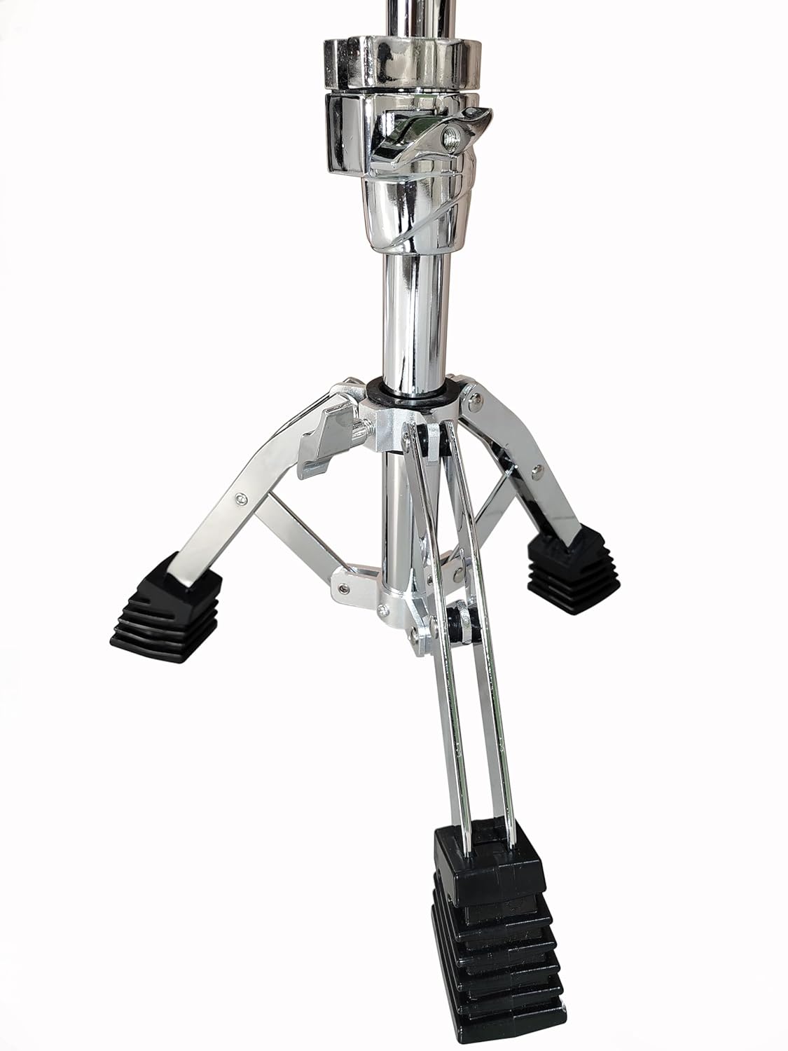 Chrome drum stand with black foot pads on a white background