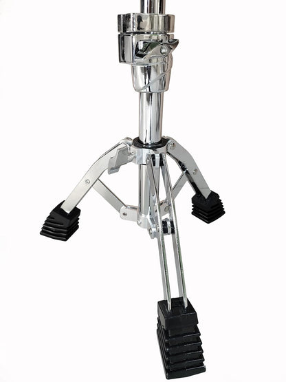 Chrome drum stand with black foot pads on a white background