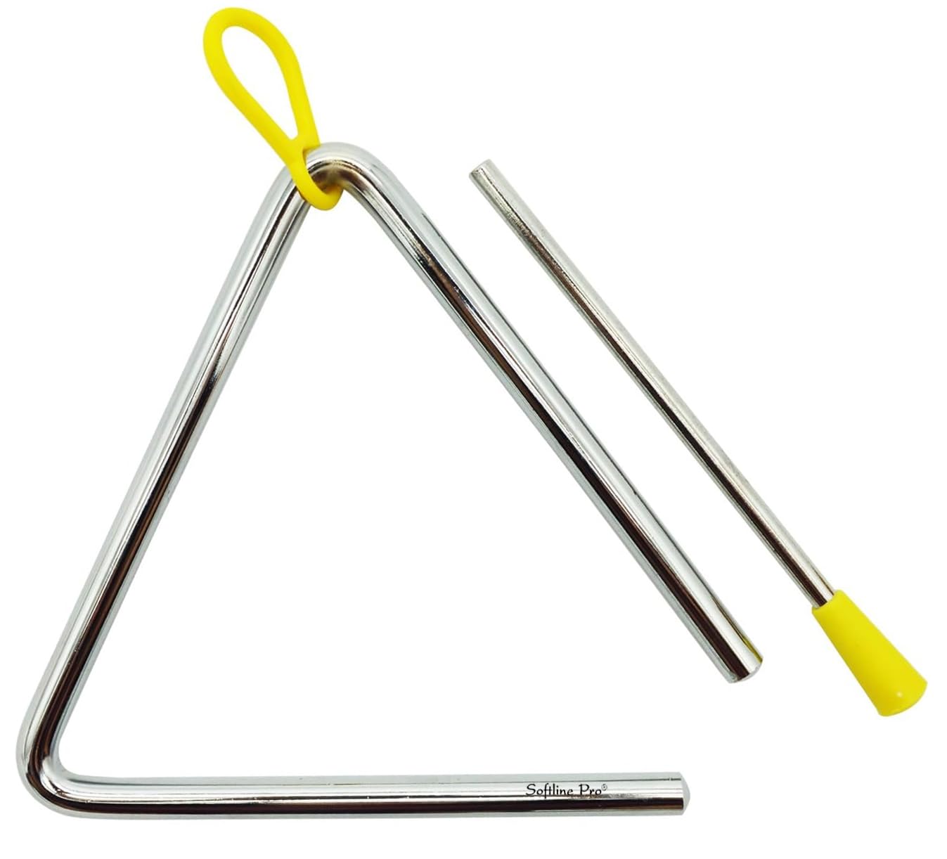 Metal triangle with yellow handle on a white background