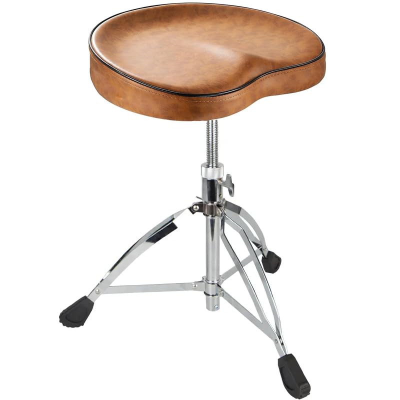 An adjustable padded saddle drum stool with a brown seat and silver metal frame with rubber feet.