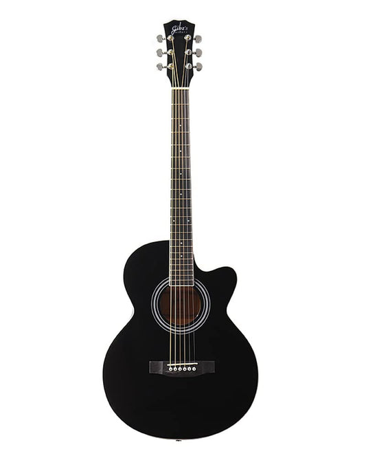 Black acoustic guitar with truss rod
