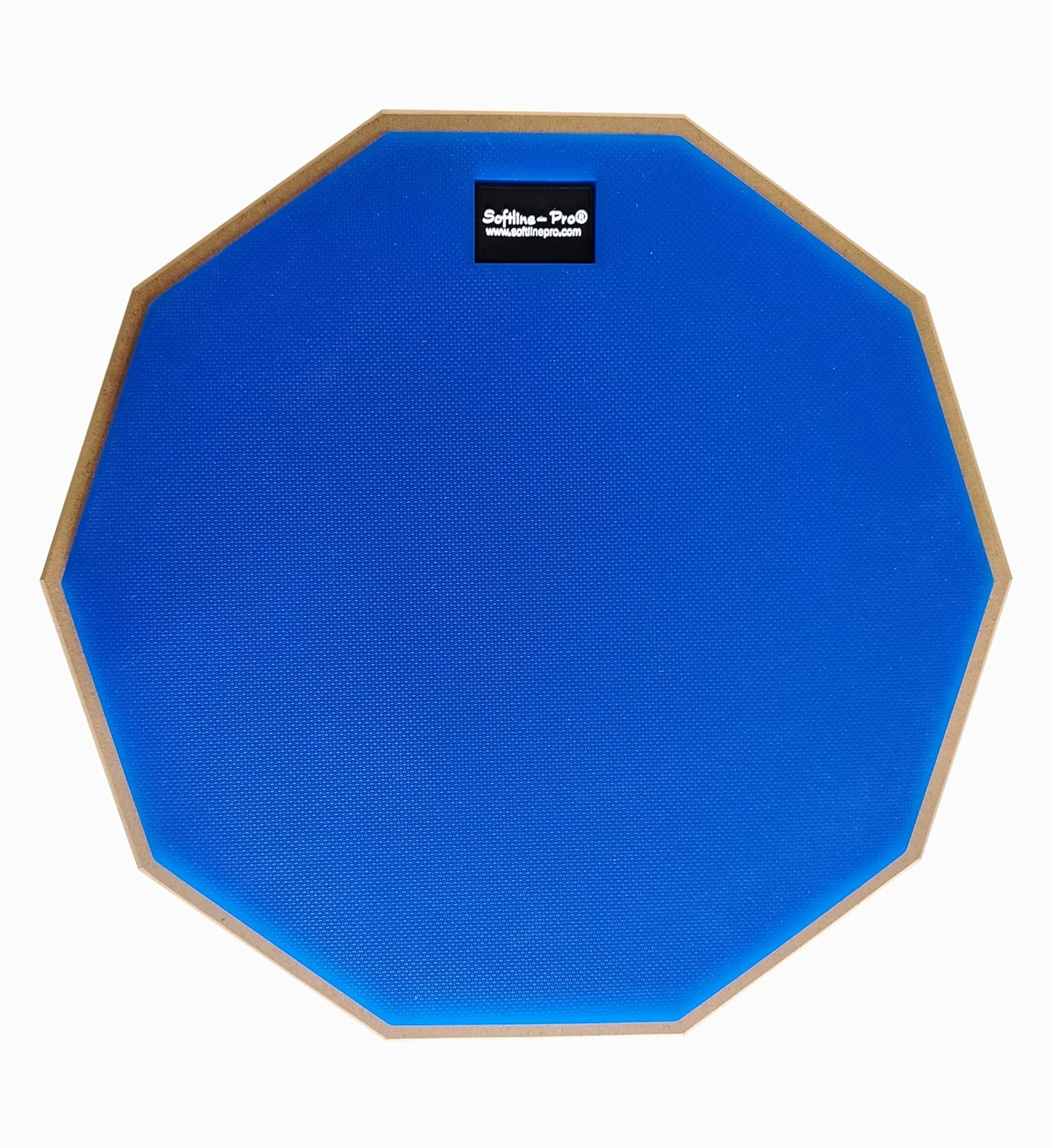 Blue practice drum pad with wooden rim on a white background