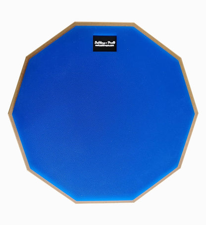 Blue practice drum pad with wooden rim on a white background