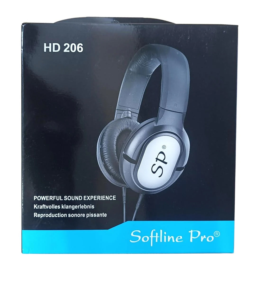 Box of Softline Pro HD 206 headphones with a black and blue design.