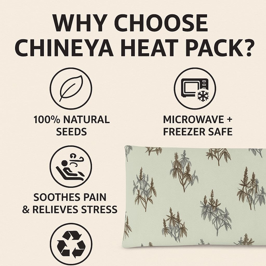 Promotional graphic for Chineya heat pack with features listed on a beige background.