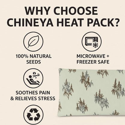 Promotional graphic for Chineya heat pack with features listed on a beige background.