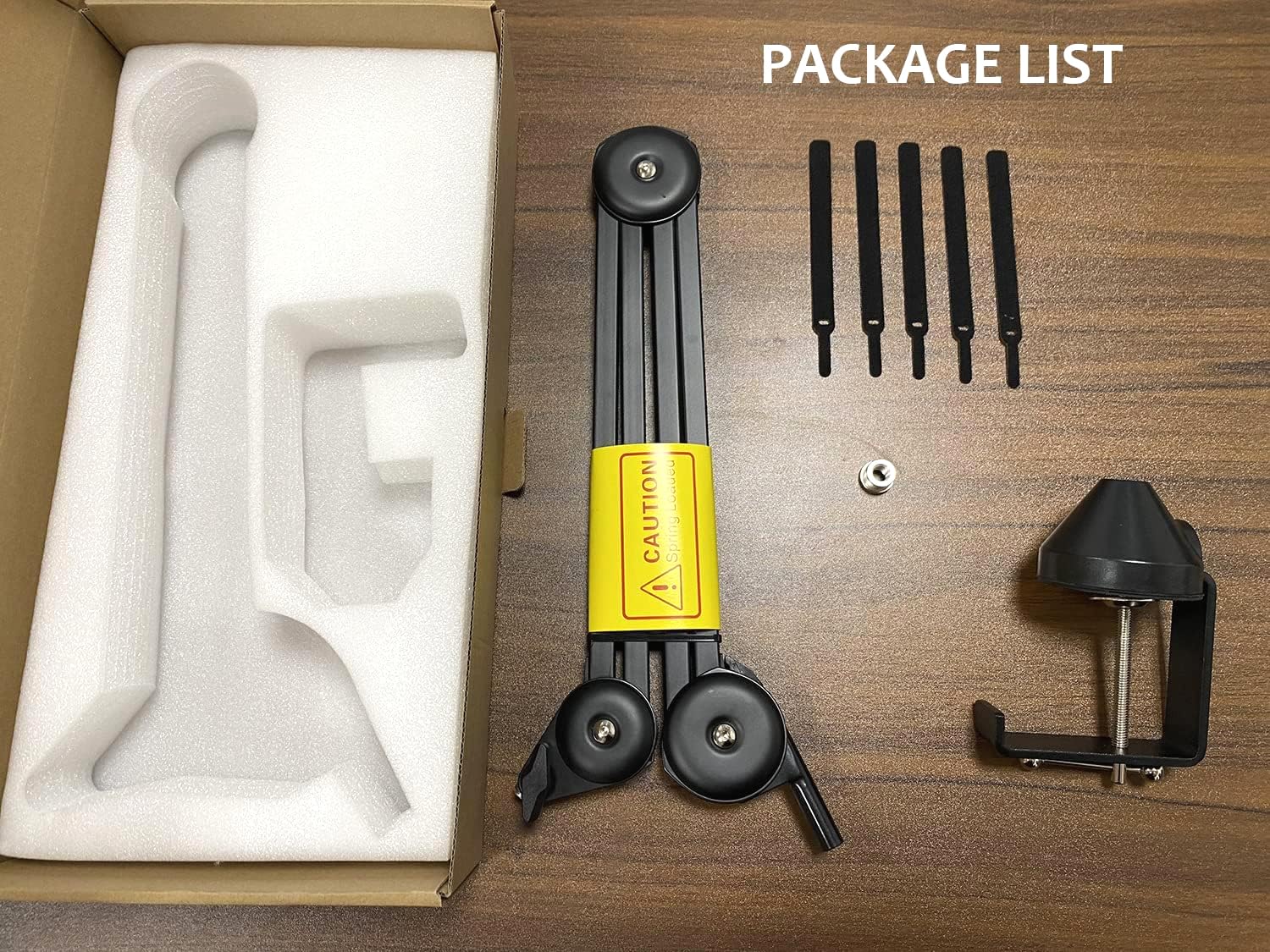 Installation step-by-step visual guide showing how to assemble and secure the Softline Pro boom arm mic stand to a desktop surface.