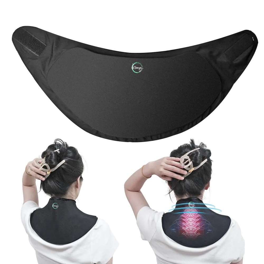 Black neck and back massager with glowing red lights on a white background