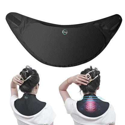 Black neck and back massager with glowing red lights on a white background